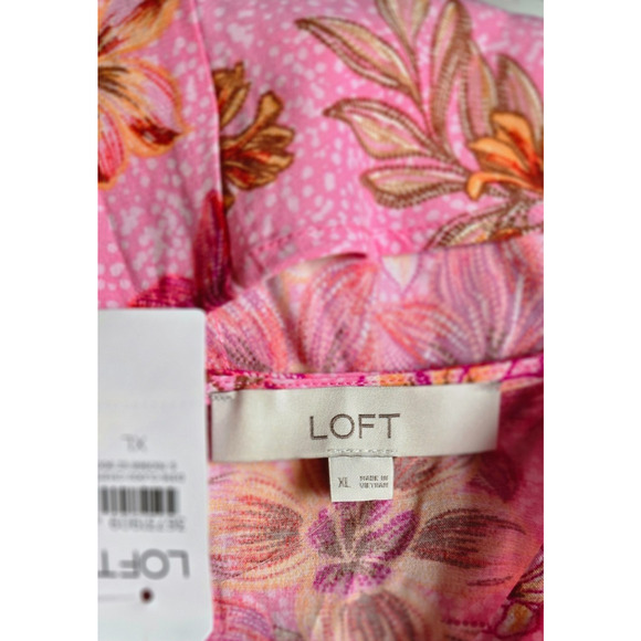 Loft XL Cocktail Dress Cutout Floral 3/4 Sleeve Midi Pink Elastic Waist NWT - Picture 6 of 8
